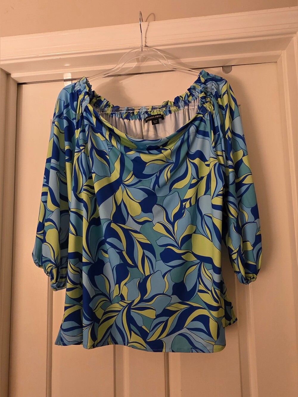 EUC Boston Proper Off-the-Shoulder, 3/4 Length Sleeve Top - Blue/Green/White  XL